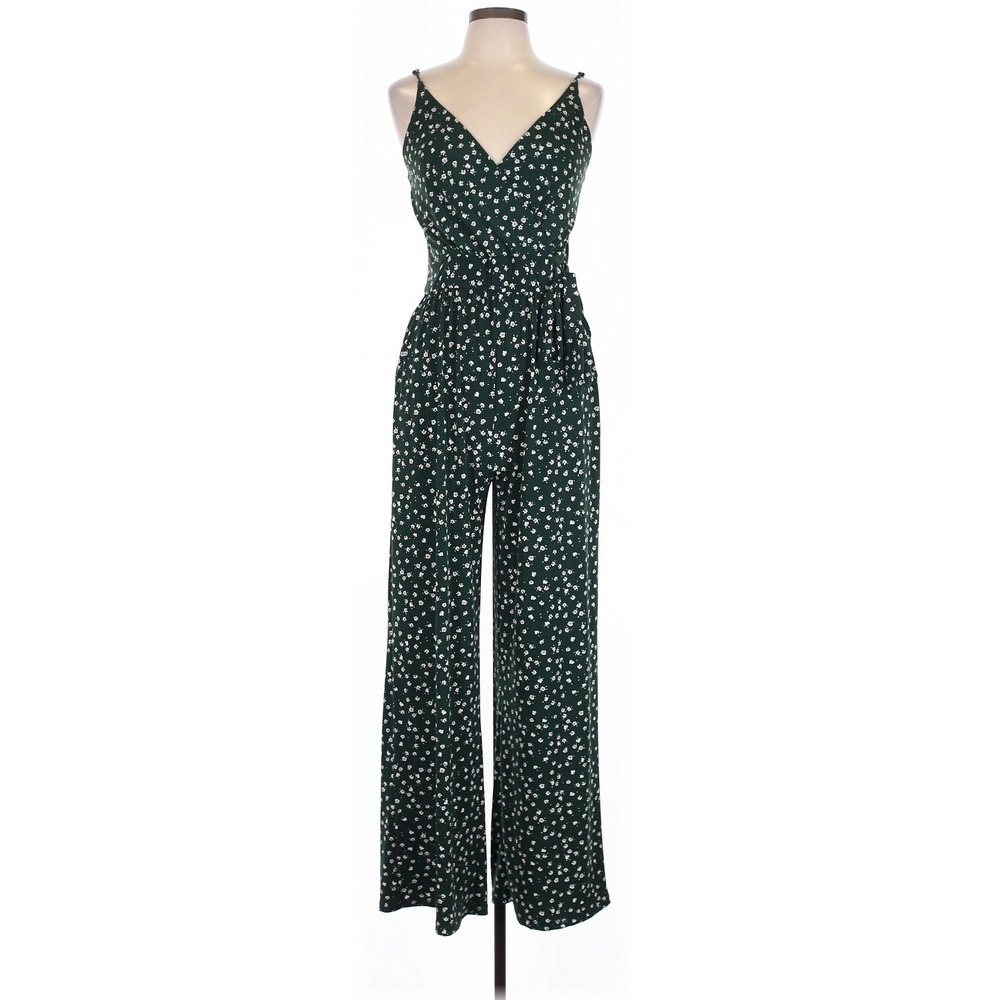 Kaileigh Ditsy Floral Wide Leg Forest Green Faux Wrap Sleeveless Jumpsuit XL - Picture 2 of 9